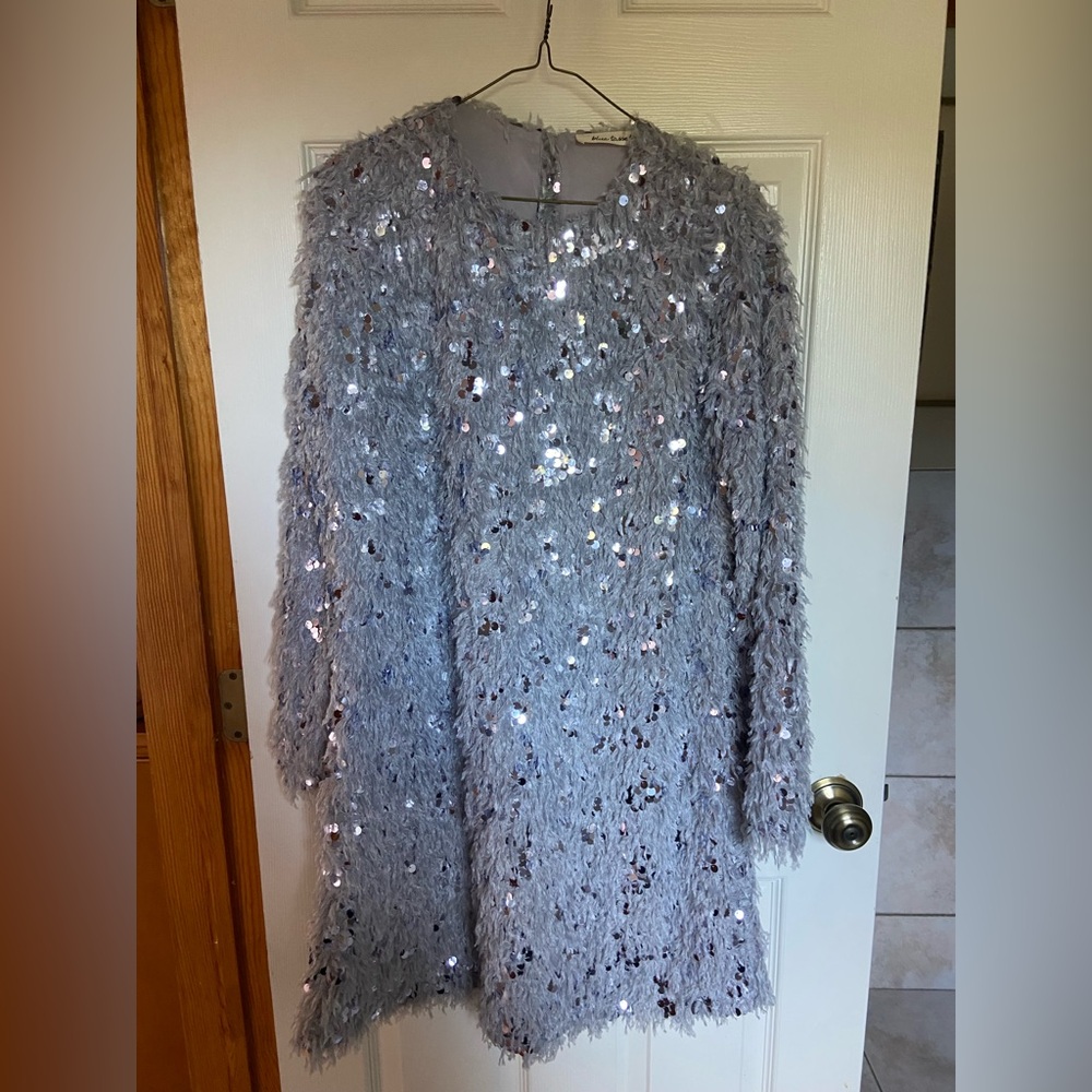 Anthropologie Blue Tassel Silver Fringe Sequin Dress Party/Statement Piece NWOT